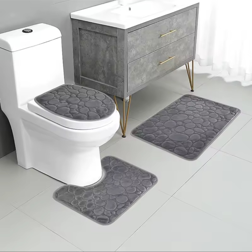 Solid grey 3 piece memory foam water absorbing bath mat set